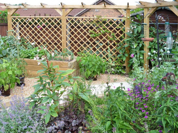 Pagar kawat dengan pergola berbunga